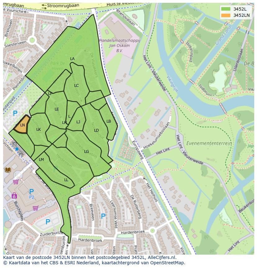 Afbeelding van het postcodegebied 3452 LN op de kaart.