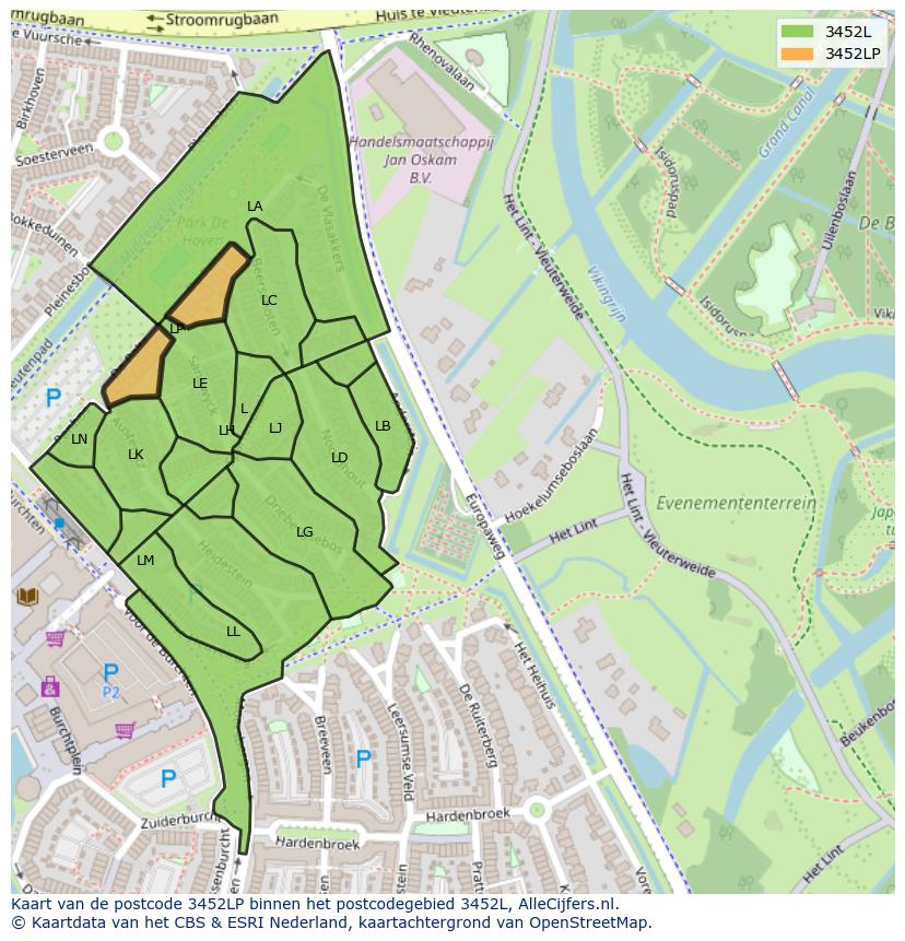 Afbeelding van het postcodegebied 3452 LP op de kaart.