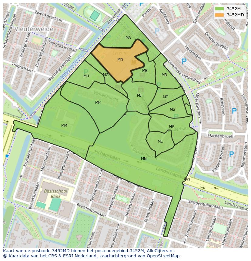 Afbeelding van het postcodegebied 3452 MD op de kaart.