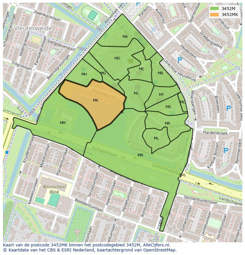 Afbeelding van het postcodegebied 3452 MK op de kaart.