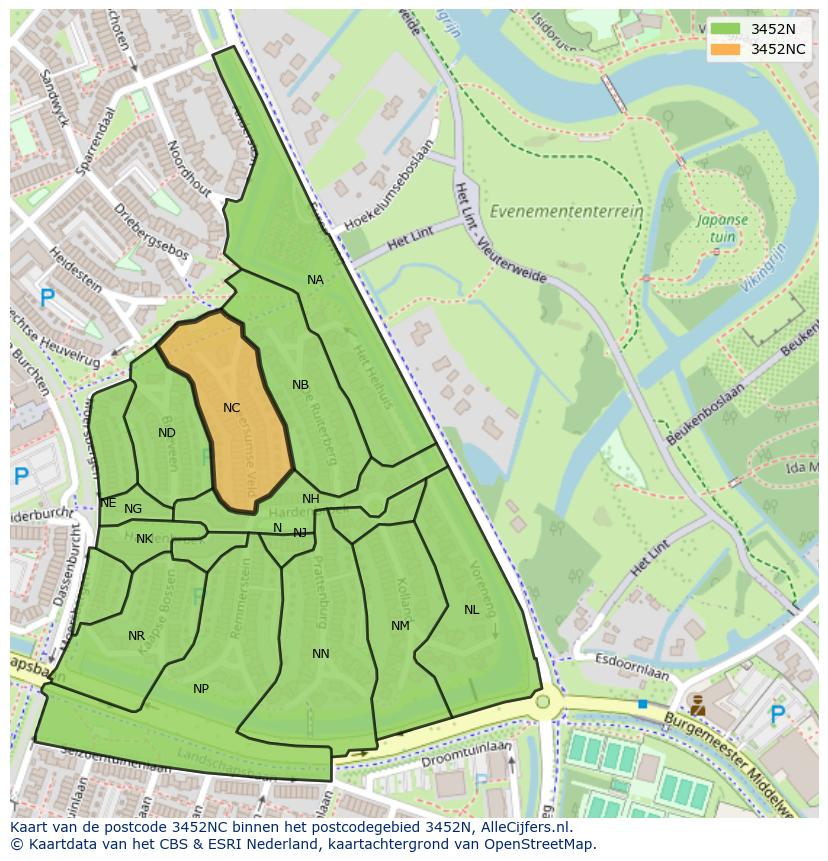 Afbeelding van het postcodegebied 3452 NC op de kaart.
