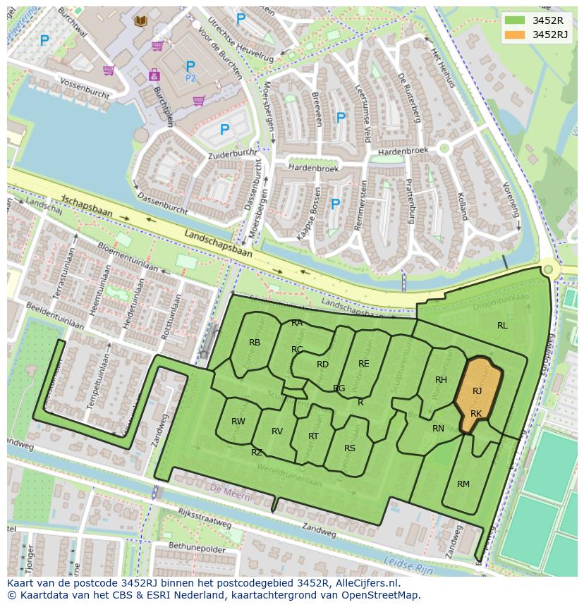 Afbeelding van het postcodegebied 3452 RJ op de kaart.