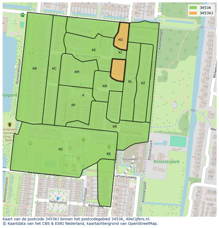 Afbeelding van het postcodegebied 3453 KJ op de kaart.