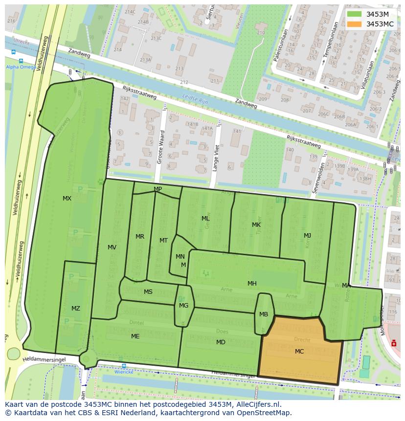 Afbeelding van het postcodegebied 3453 MC op de kaart.