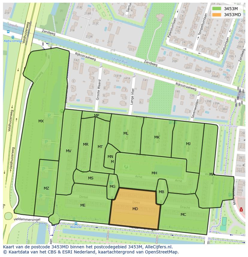 Afbeelding van het postcodegebied 3453 MD op de kaart.