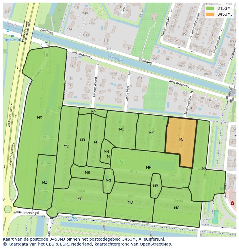 Afbeelding van het postcodegebied 3453 MJ op de kaart.