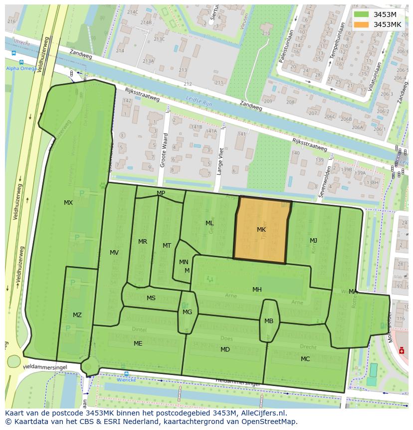 Afbeelding van het postcodegebied 3453 MK op de kaart.