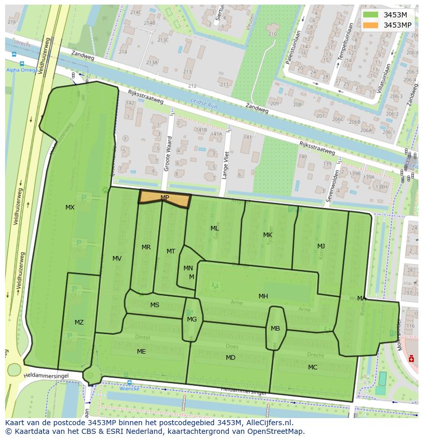 Afbeelding van het postcodegebied 3453 MP op de kaart.