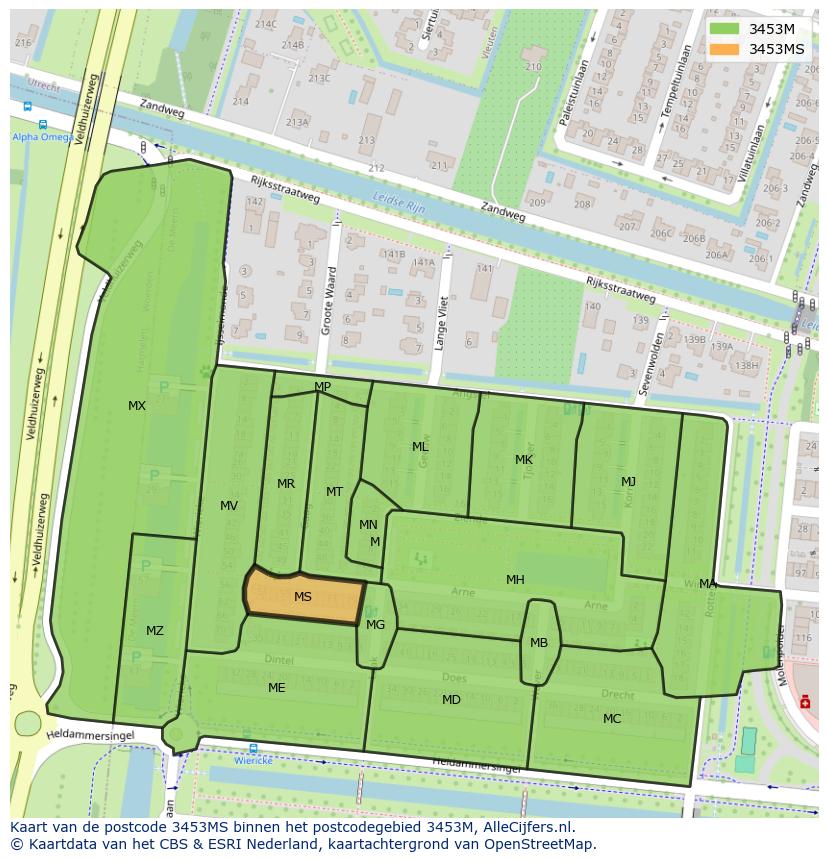Afbeelding van het postcodegebied 3453 MS op de kaart.
