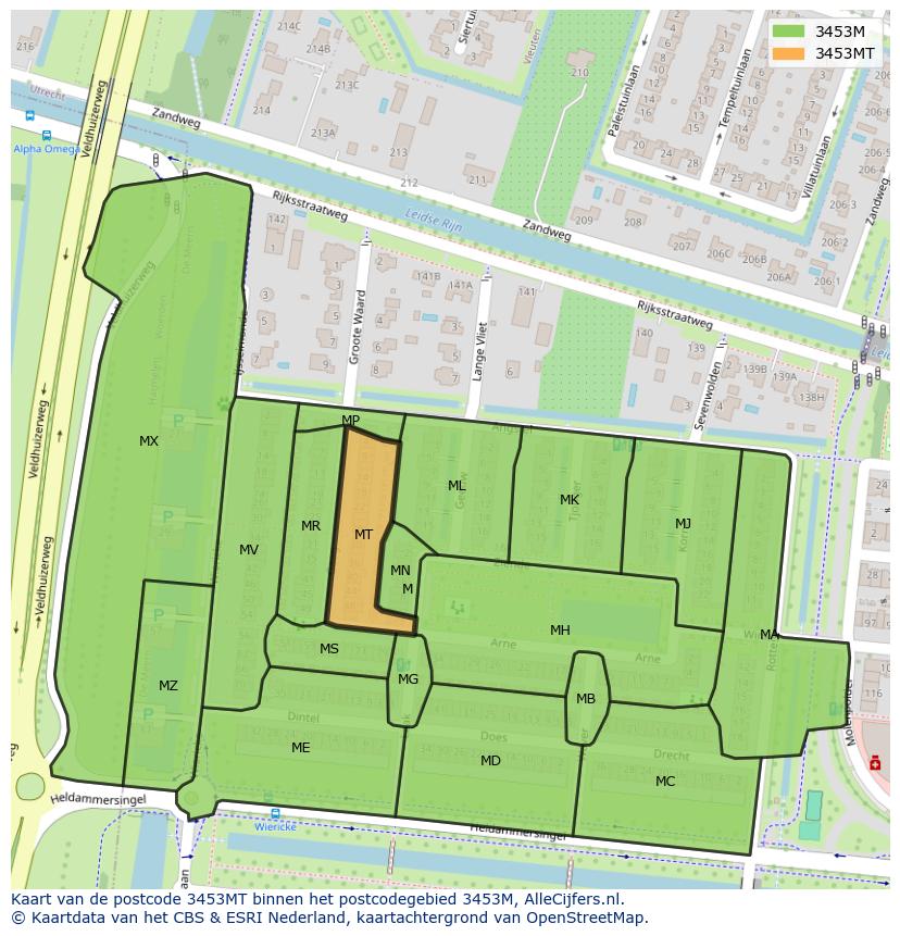 Afbeelding van het postcodegebied 3453 MT op de kaart.