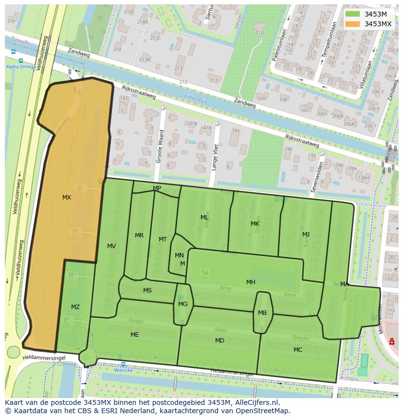 Afbeelding van het postcodegebied 3453 MX op de kaart.