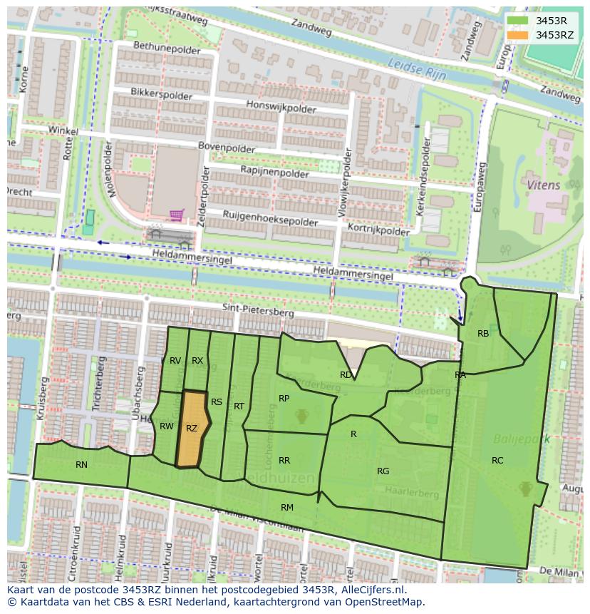 Afbeelding van het postcodegebied 3453 RZ op de kaart.