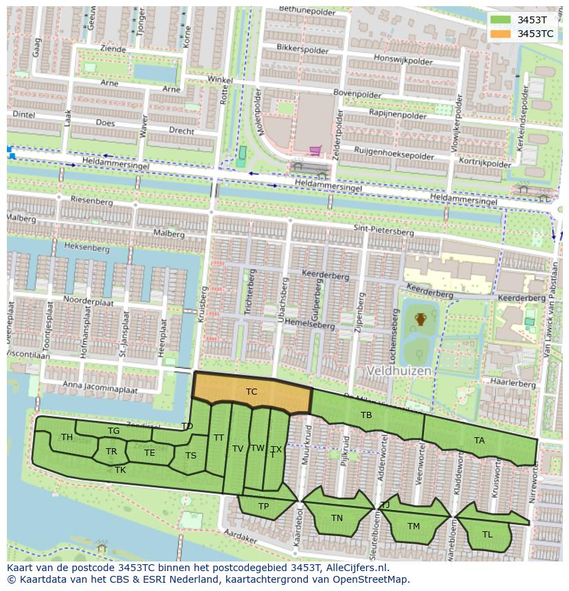 Afbeelding van het postcodegebied 3453 TC op de kaart.