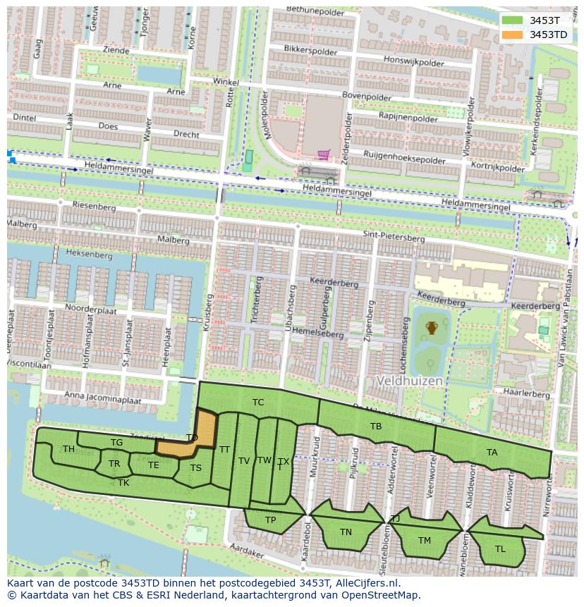 Afbeelding van het postcodegebied 3453 TD op de kaart.