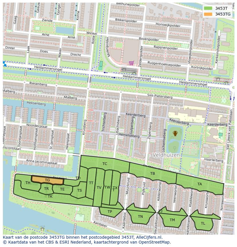 Afbeelding van het postcodegebied 3453 TG op de kaart.