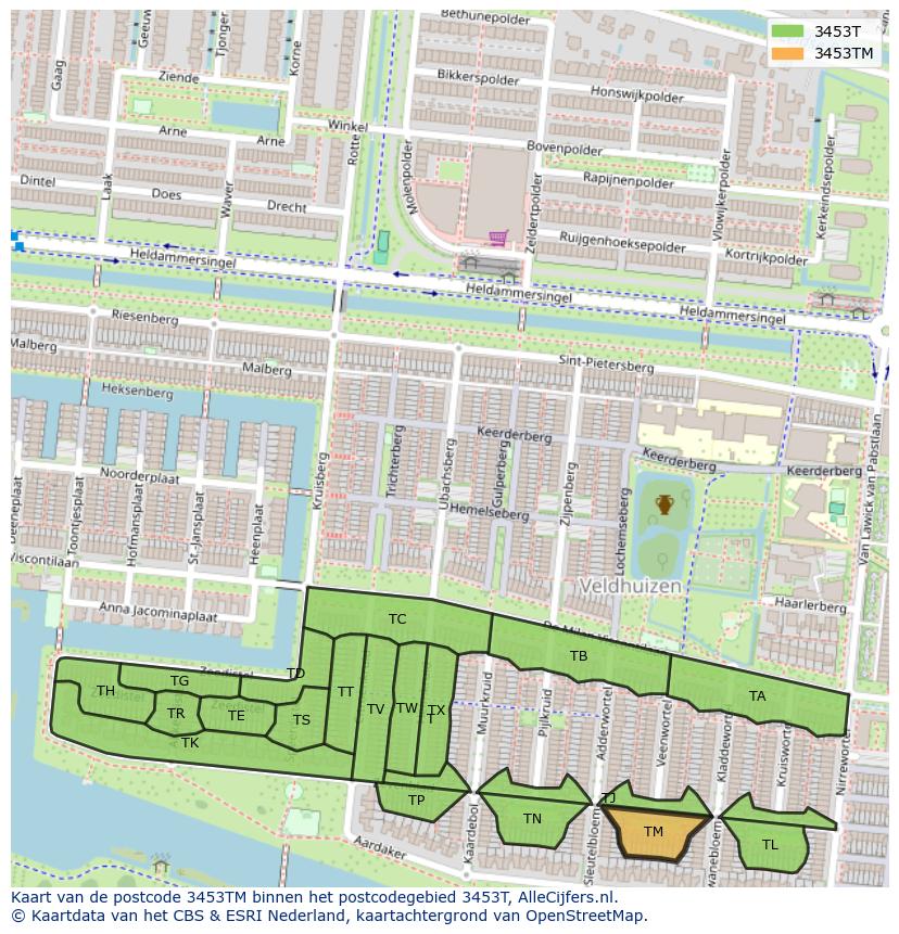 Afbeelding van het postcodegebied 3453 TM op de kaart.