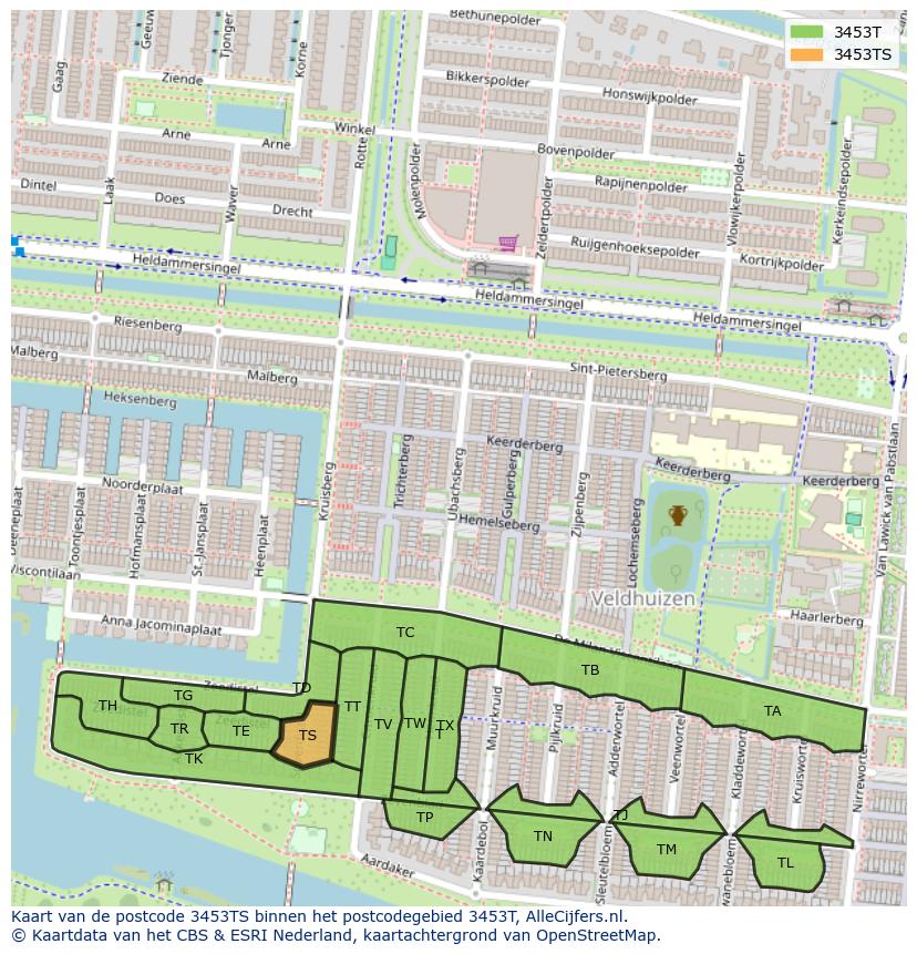 Afbeelding van het postcodegebied 3453 TS op de kaart.
