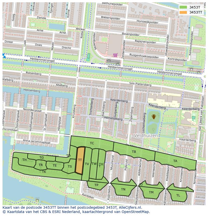 Afbeelding van het postcodegebied 3453 TT op de kaart.