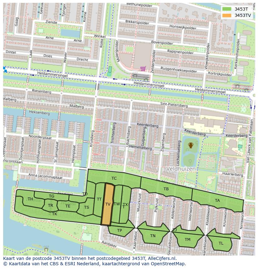 Afbeelding van het postcodegebied 3453 TV op de kaart.