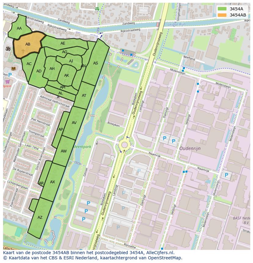 Afbeelding van het postcodegebied 3454 AB op de kaart.