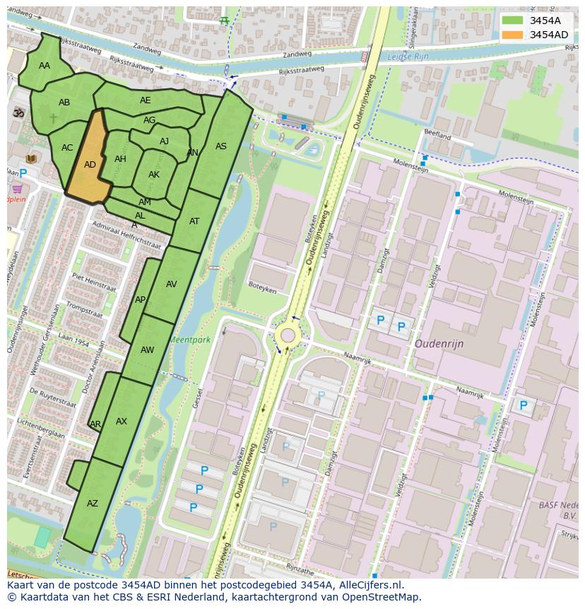 Afbeelding van het postcodegebied 3454 AD op de kaart.