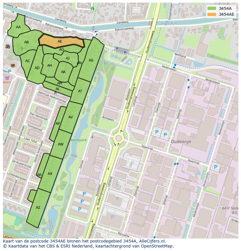 Afbeelding van het postcodegebied 3454 AE op de kaart.