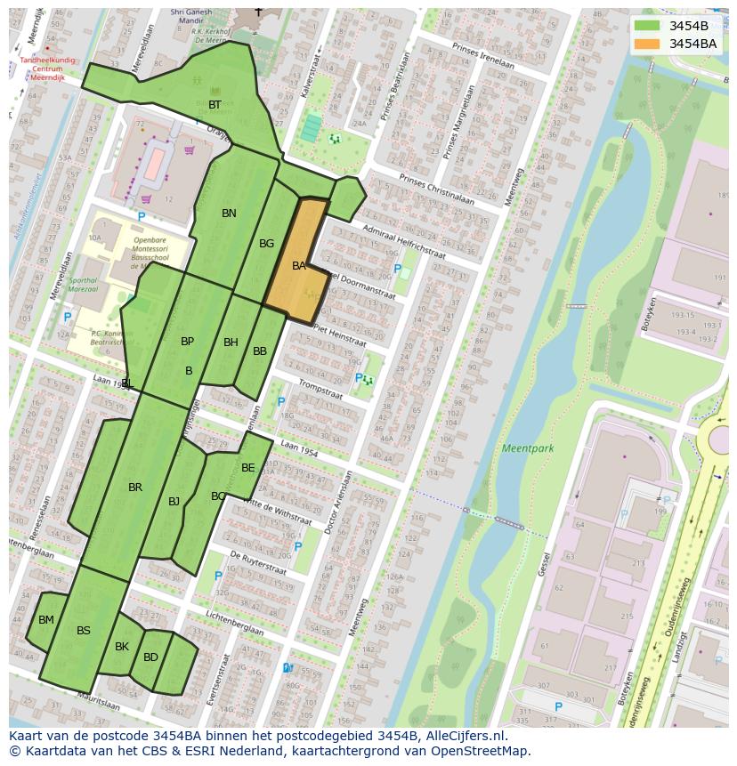 Afbeelding van het postcodegebied 3454 BA op de kaart.