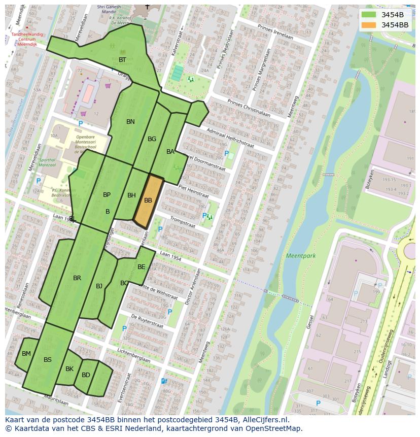 Afbeelding van het postcodegebied 3454 BB op de kaart.