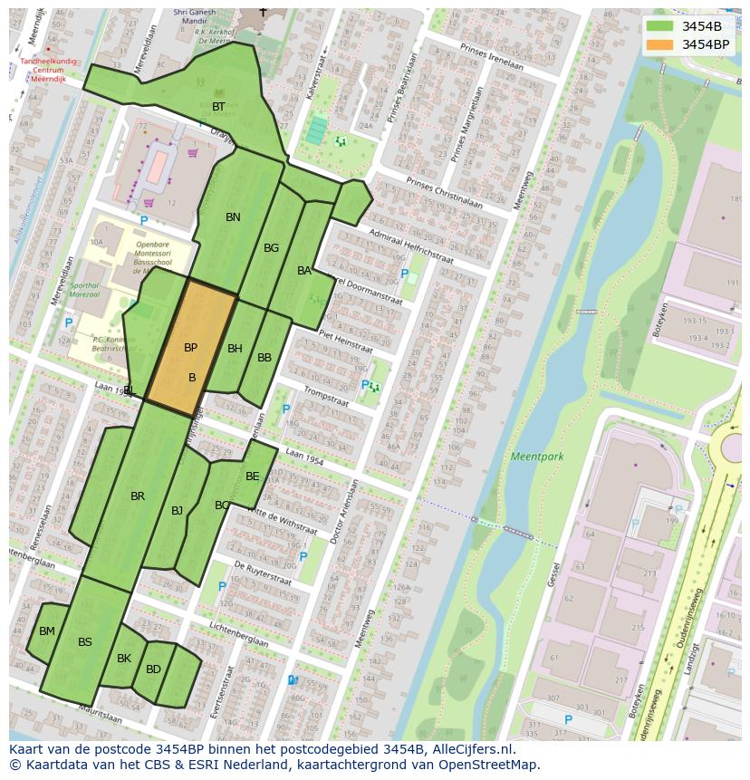 Afbeelding van het postcodegebied 3454 BP op de kaart.
