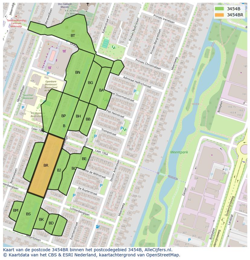 Afbeelding van het postcodegebied 3454 BR op de kaart.