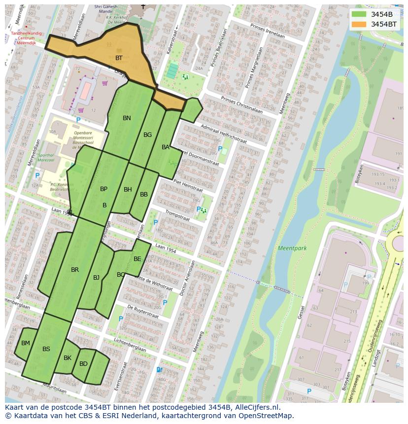 Afbeelding van het postcodegebied 3454 BT op de kaart.