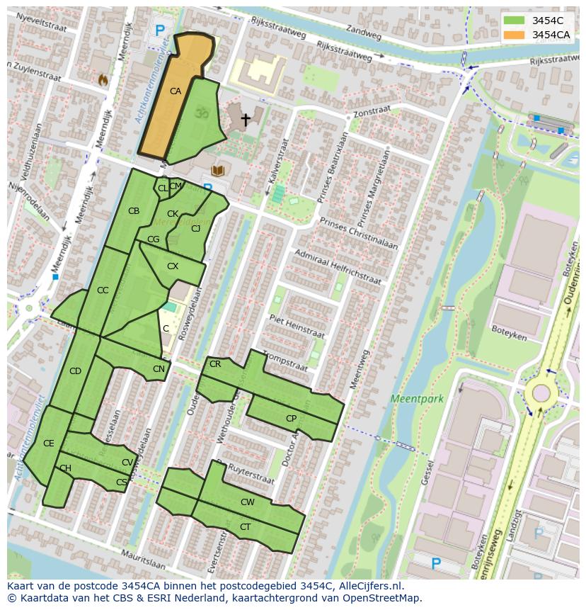 Afbeelding van het postcodegebied 3454 CA op de kaart.