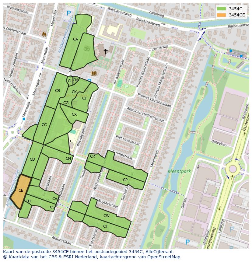Afbeelding van het postcodegebied 3454 CE op de kaart.