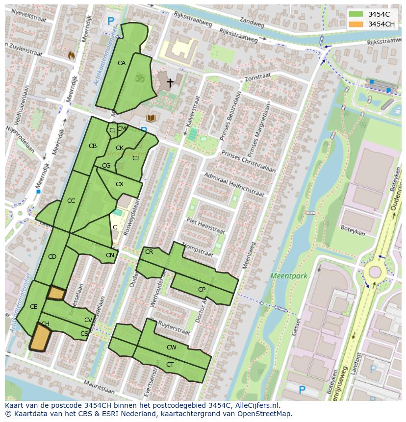 Afbeelding van het postcodegebied 3454 CH op de kaart.