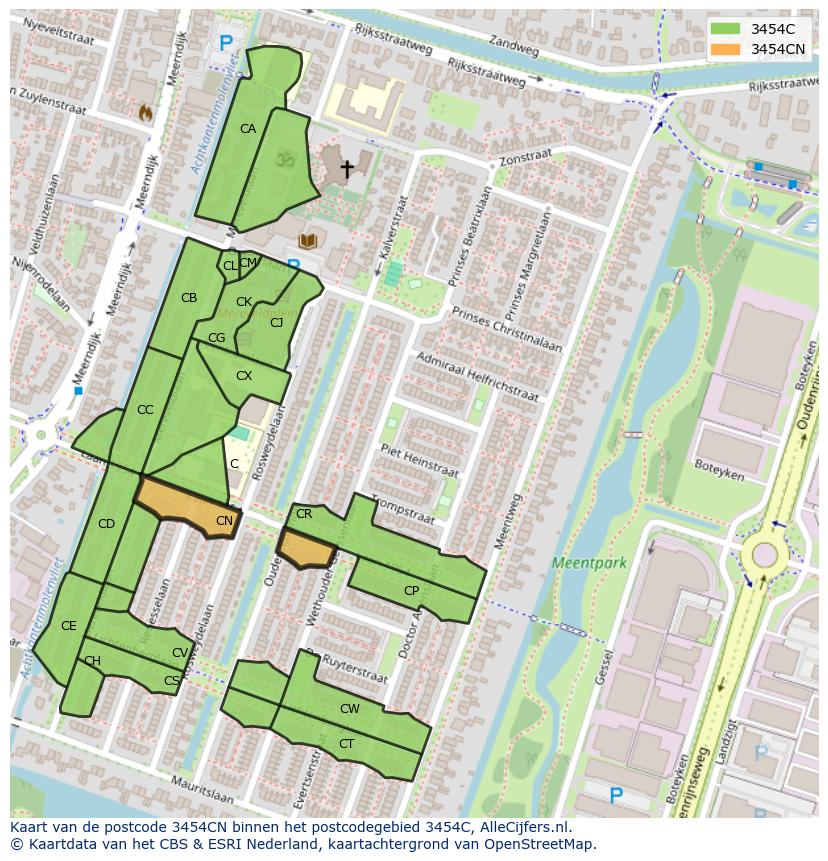 Afbeelding van het postcodegebied 3454 CN op de kaart.