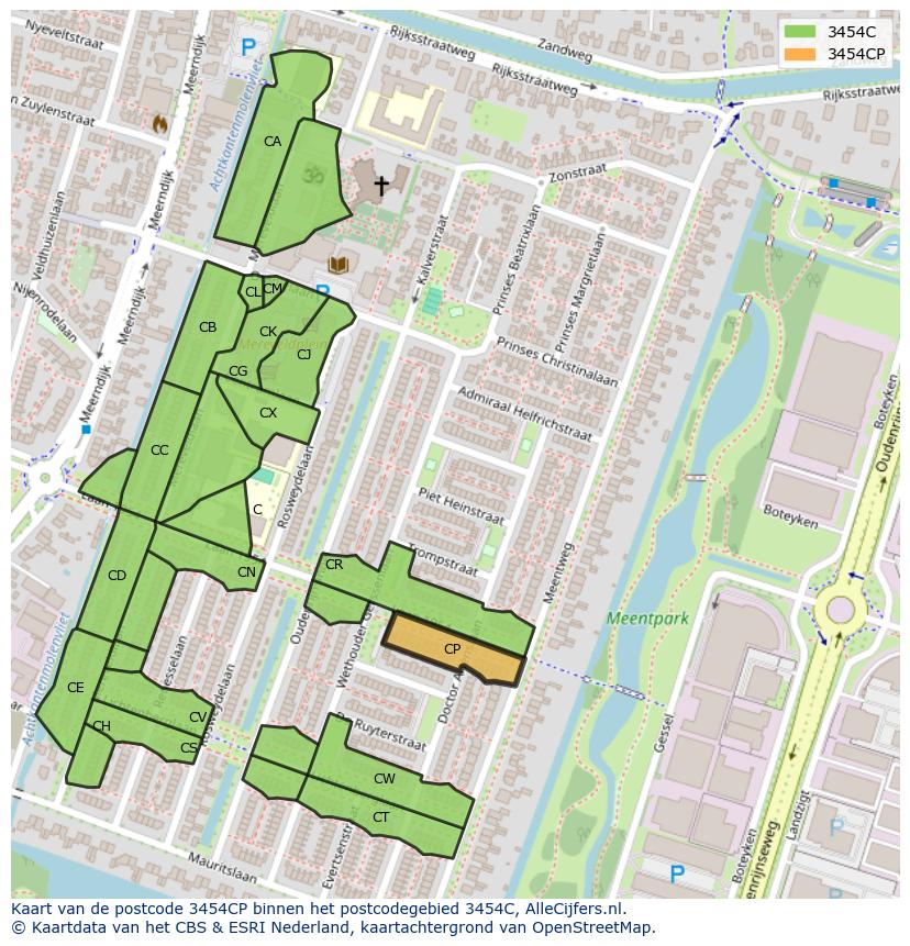 Afbeelding van het postcodegebied 3454 CP op de kaart.