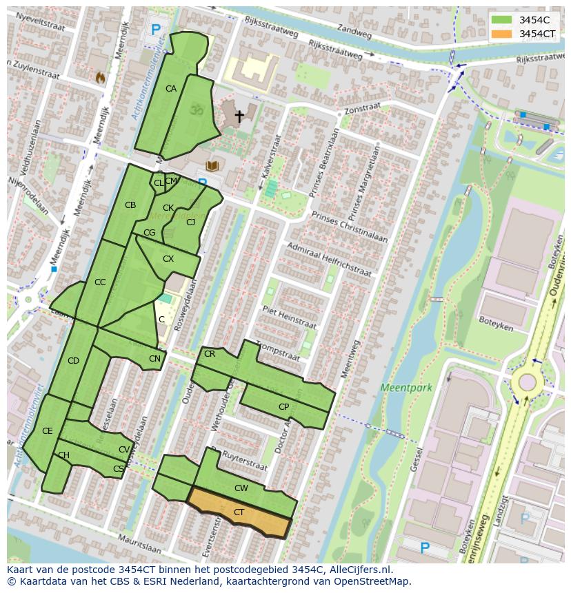 Afbeelding van het postcodegebied 3454 CT op de kaart.