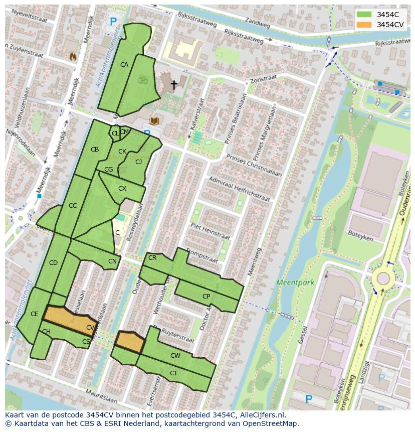 Afbeelding van het postcodegebied 3454 CV op de kaart.