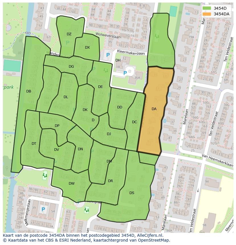 Afbeelding van het postcodegebied 3454 DA op de kaart.
