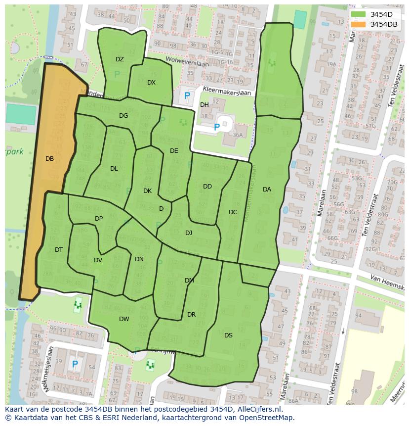 Afbeelding van het postcodegebied 3454 DB op de kaart.