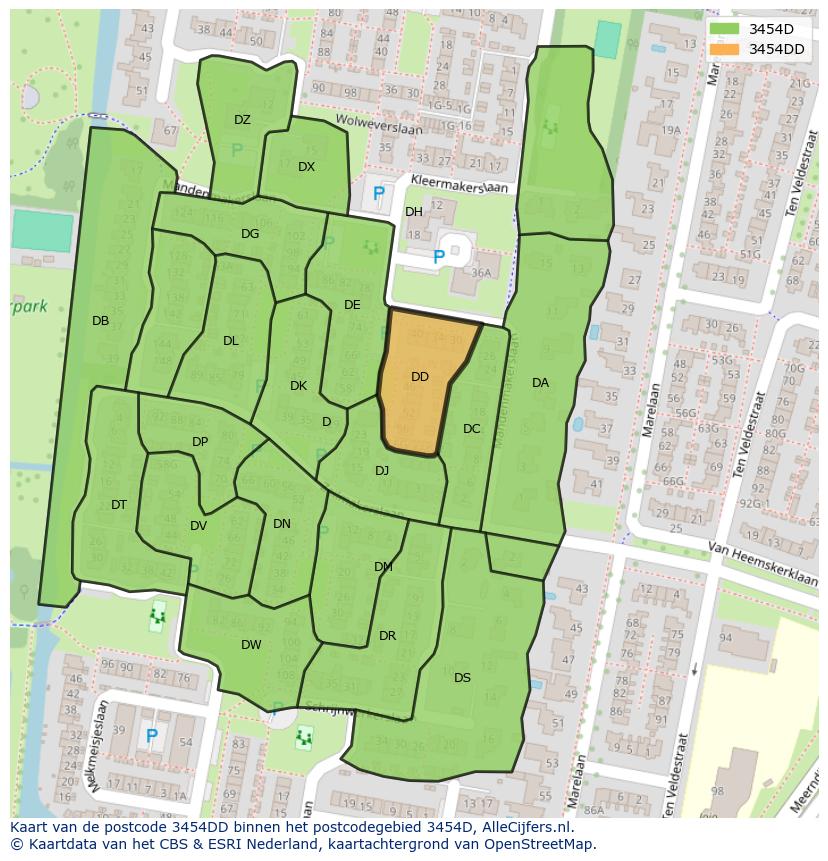 Afbeelding van het postcodegebied 3454 DD op de kaart.