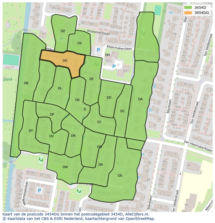 Afbeelding van het postcodegebied 3454 DG op de kaart.