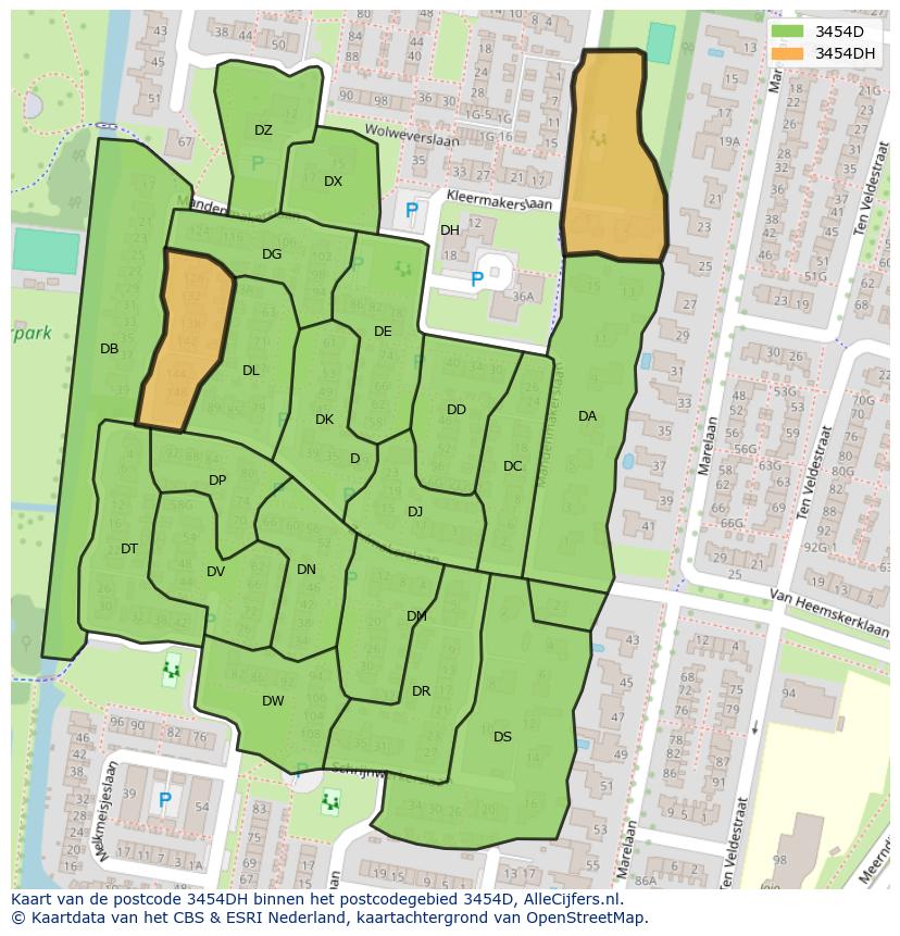 Afbeelding van het postcodegebied 3454 DH op de kaart.