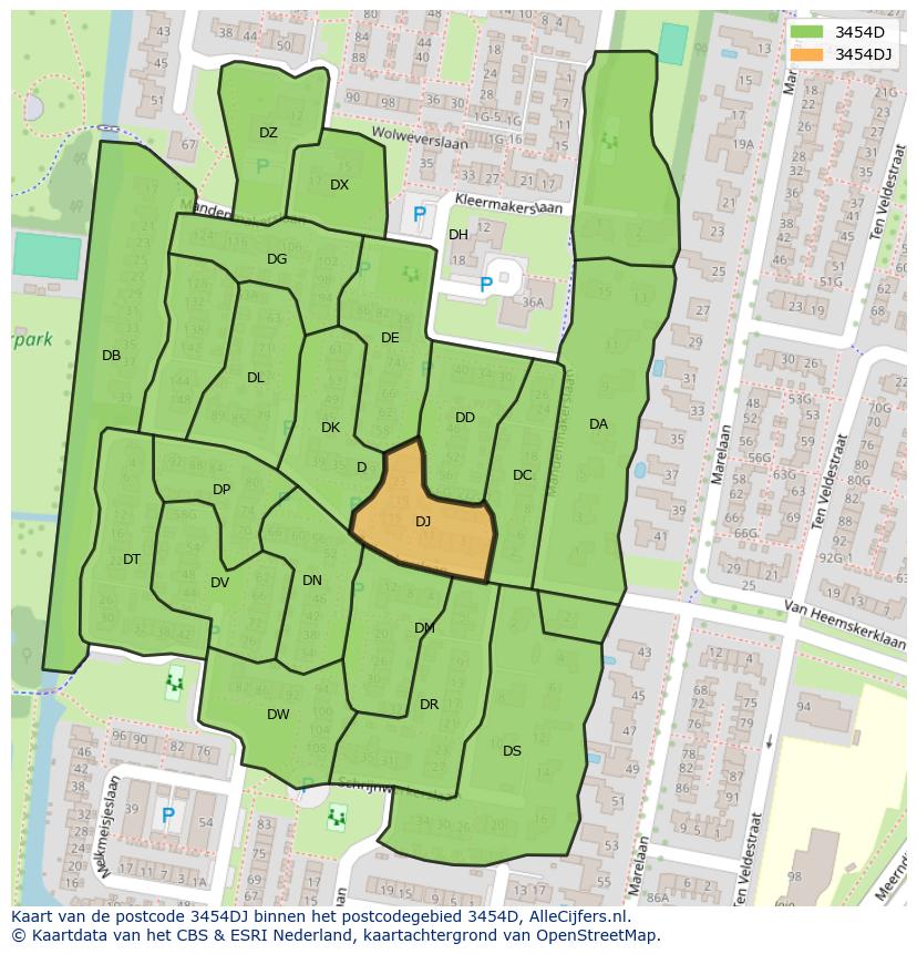 Afbeelding van het postcodegebied 3454 DJ op de kaart.