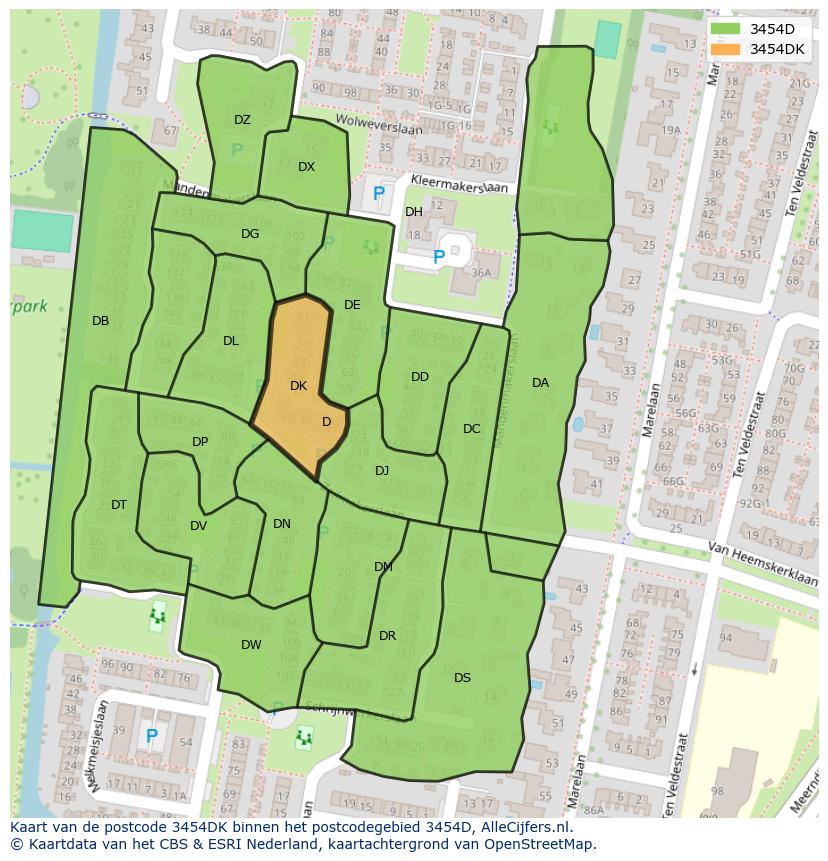 Afbeelding van het postcodegebied 3454 DK op de kaart.