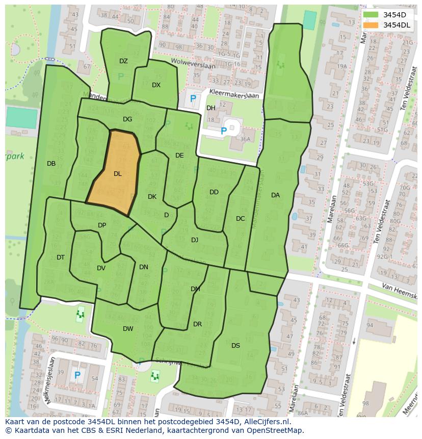 Afbeelding van het postcodegebied 3454 DL op de kaart.