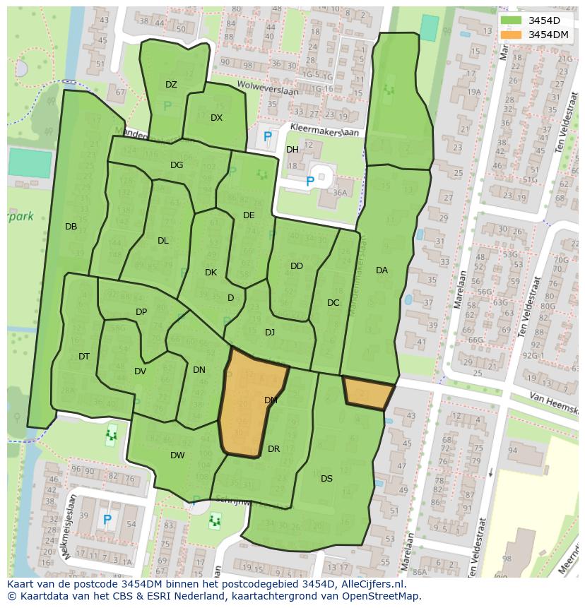 Afbeelding van het postcodegebied 3454 DM op de kaart.