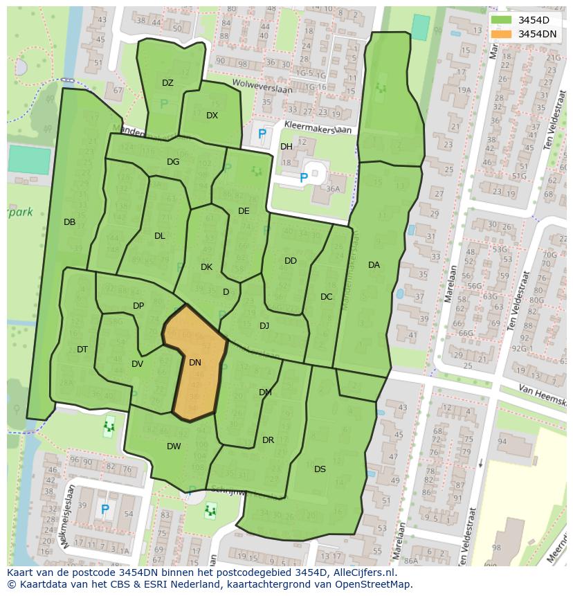 Afbeelding van het postcodegebied 3454 DN op de kaart.