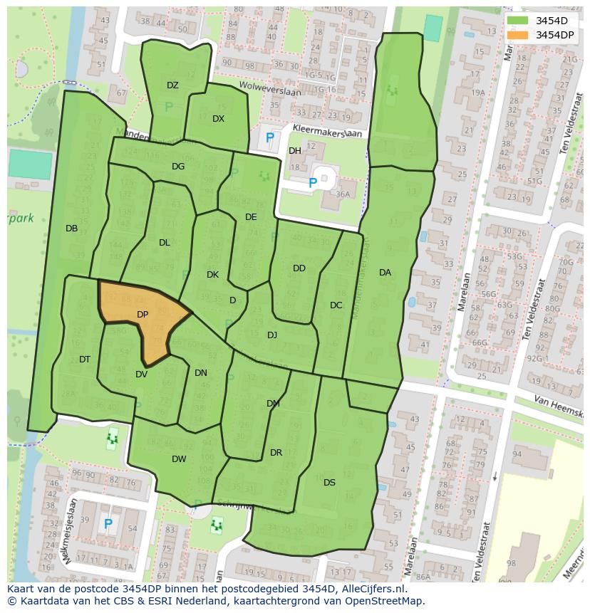 Afbeelding van het postcodegebied 3454 DP op de kaart.
