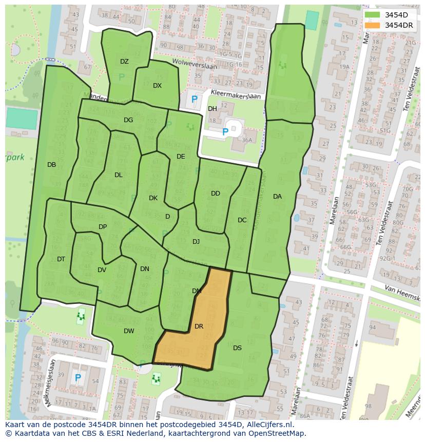 Afbeelding van het postcodegebied 3454 DR op de kaart.